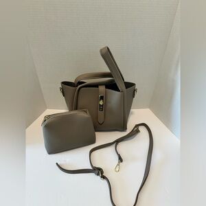 Khaki Leather Tote‎ Handbag with Cosmetic Bag